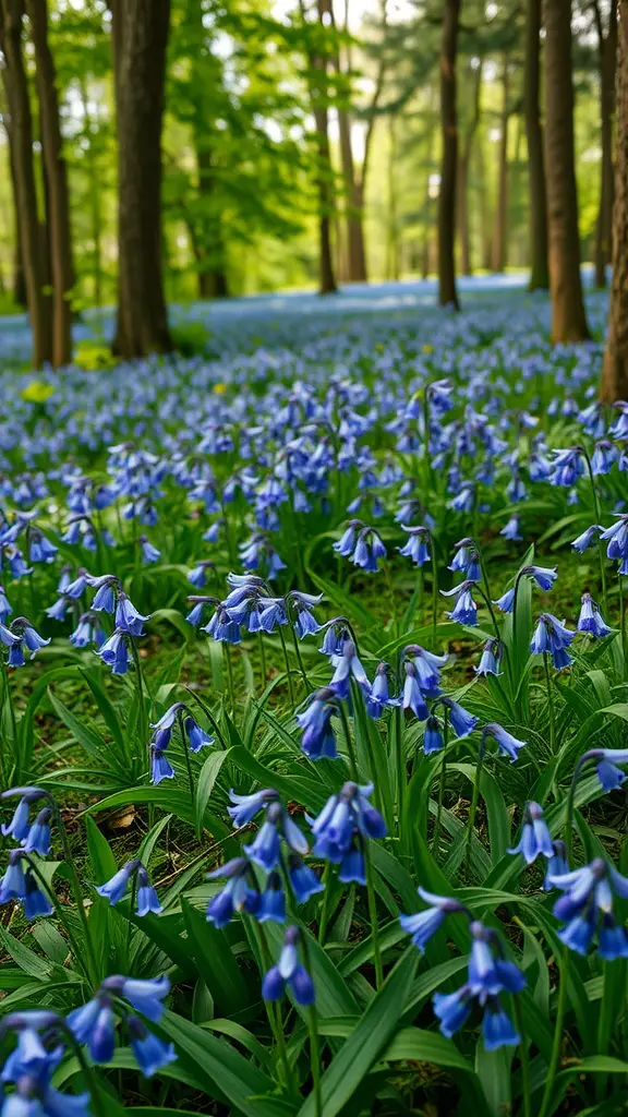 34 Gorgeous Shade Garden Plants for a Lush Landscape 34 A forest filled with blooming bluebells, creating a vibrant blue carpet among trees.