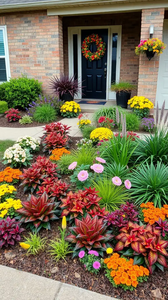 25 Stunning Front Yard Landscaping Ideas to Elevate Your Curb Appeal 10 A front yard with a variety of colorful flowers and plants arranged around a welcoming doorway.