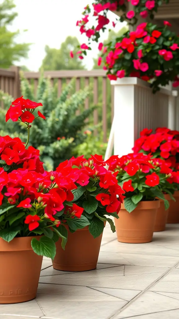 27 Stunning Potted Flowers Perfect for Your Patio 11 Row of red geraniums in terracotta pots on a patio