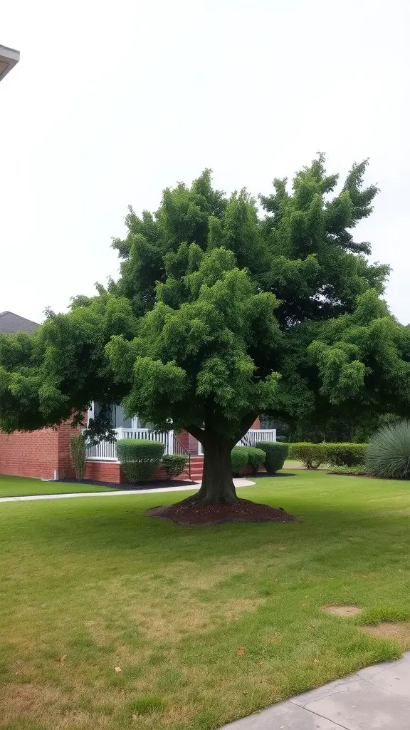 27 Stunning Front Garden Ideas to Transform Your Curb Appeal 28 A large, green tree in a front garden, showcasing a full canopy and vibrant leaves.