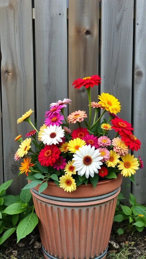 25 Beautiful Flowers Perfect for Container Gardening 8 A terracotta pot filled with colorful zinnias in various shades, placed against a wooden fence.