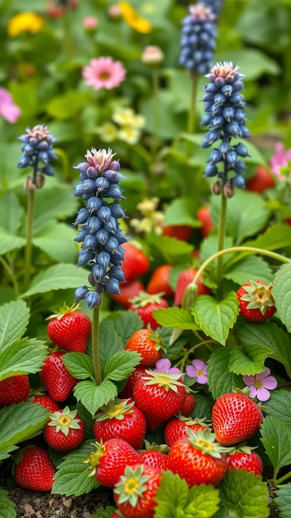 29 Perfect Herb Combinations for Your Garden 18 A garden scene with vibrant red strawberries and tall blue borage flowers.