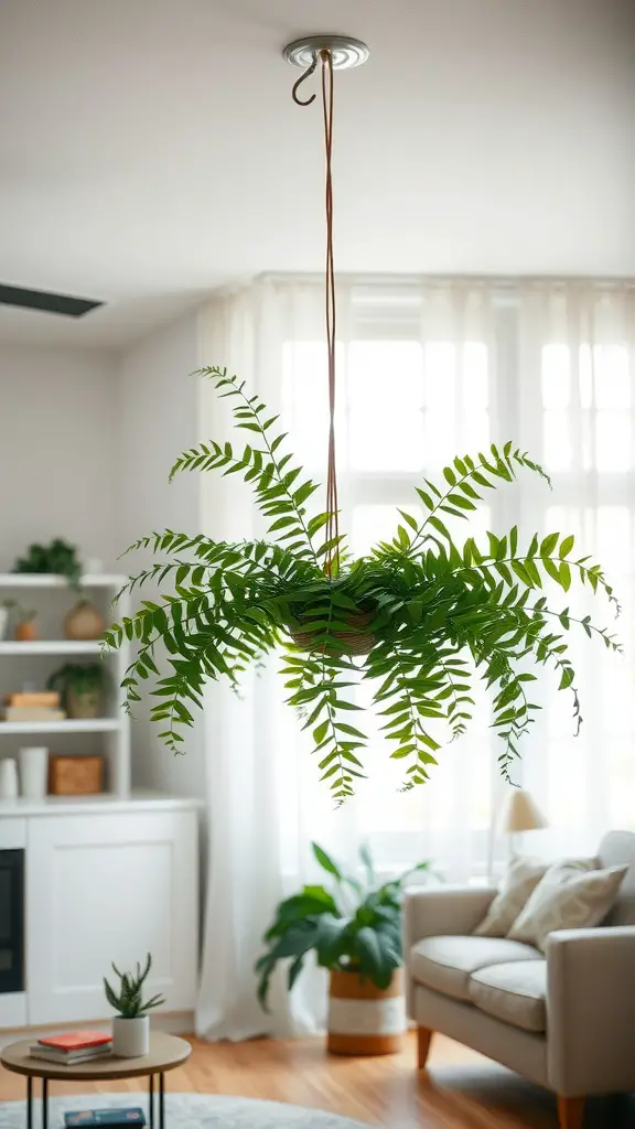 15 Stunning Hanging Plants to Beautify Your Living Room Windows 10 A Boston Fern hanging in a bright living room by a window, surrounded by other plants and furnishings.