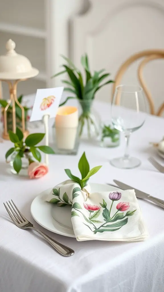 A beautifully set table with botanical print napkins featuring floral designs, elegant tableware, and greenery.