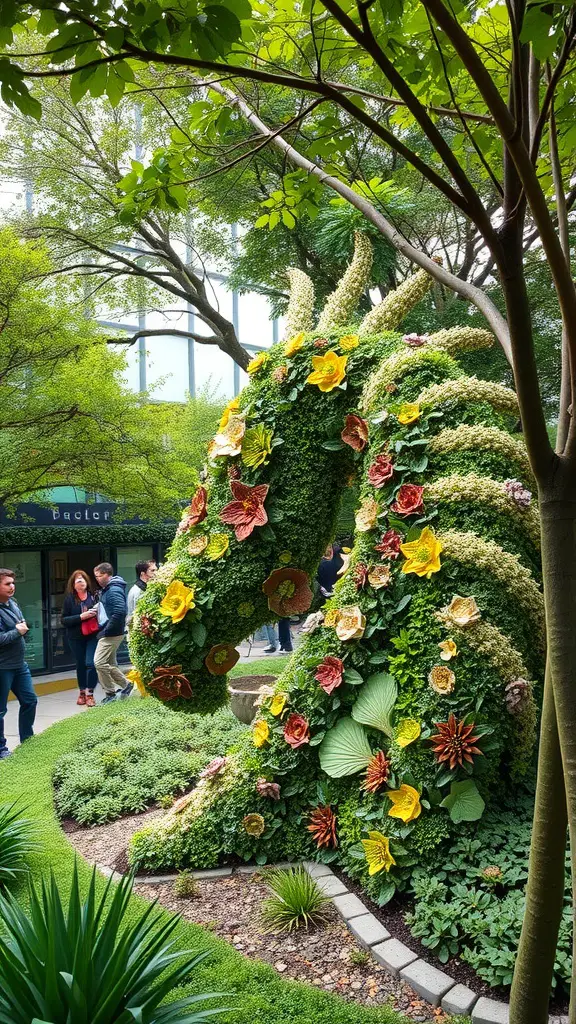 27 Absolutely Stunning Secret Garden Ideas to Inspire Your Space 27 Botanical sculpture of a dragon made from various plants and flowers, with visitors admiring it in a garden setting.