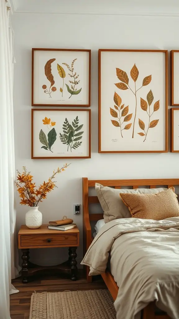 Framed botanical wall art featuring various leaves and flowers above a wooden bed in a cozy bedroom setting.