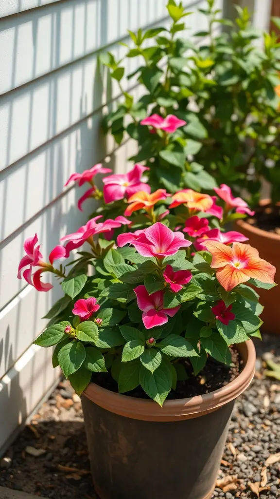 25 Beautiful Flowers Perfect for Container Gardening 19 Colorful impatiens flowers in a pot next to a house, showcasing shades of pink and orange against green leaves