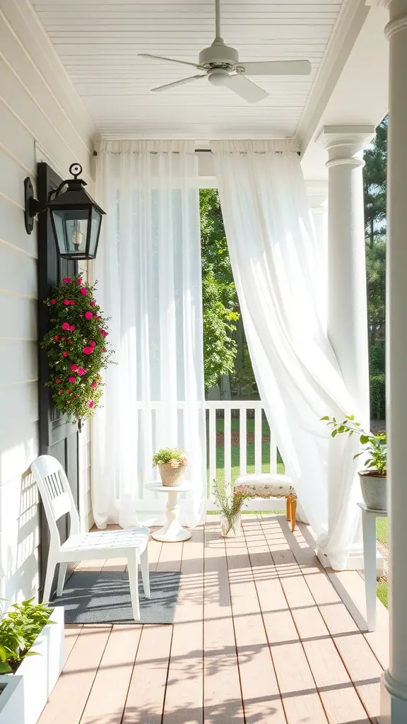 A charming farmhouse front porch with light, breezy curtains for privacy, featuring potted plants and a cozy seating area.