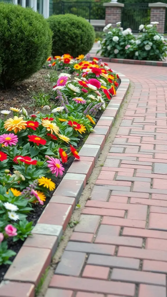 A flowerbed with colorful flowers bordered by a brick pathway.