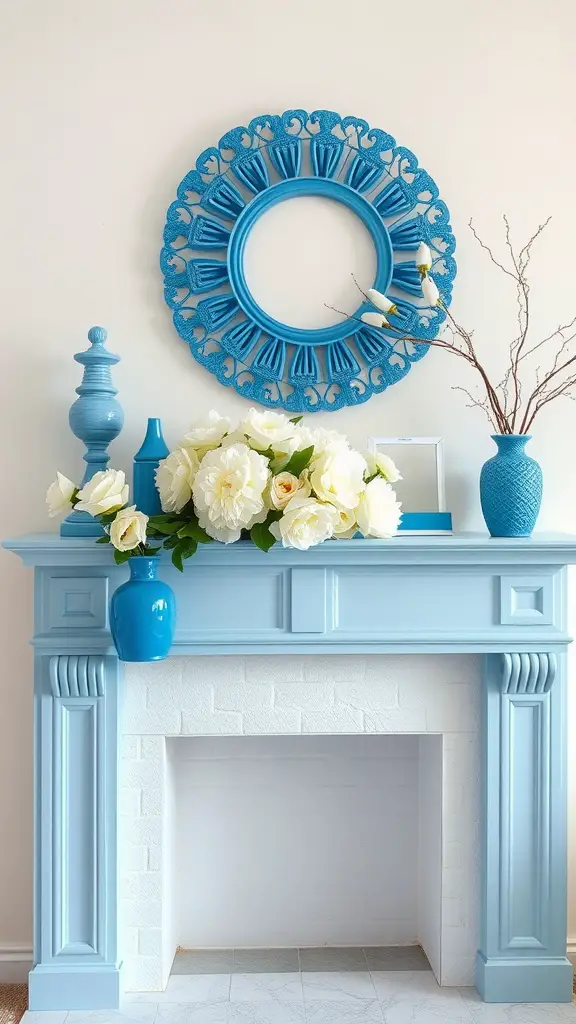 A bright blue mantel with white flowers and decorative accents.