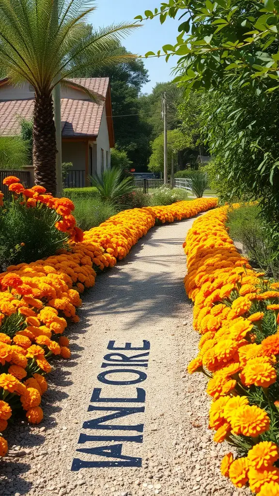 25 Beautiful Cut Flower Garden Ideas to Brighten Your Home 20 Pathway lined with bright orange marigolds leading to a home.