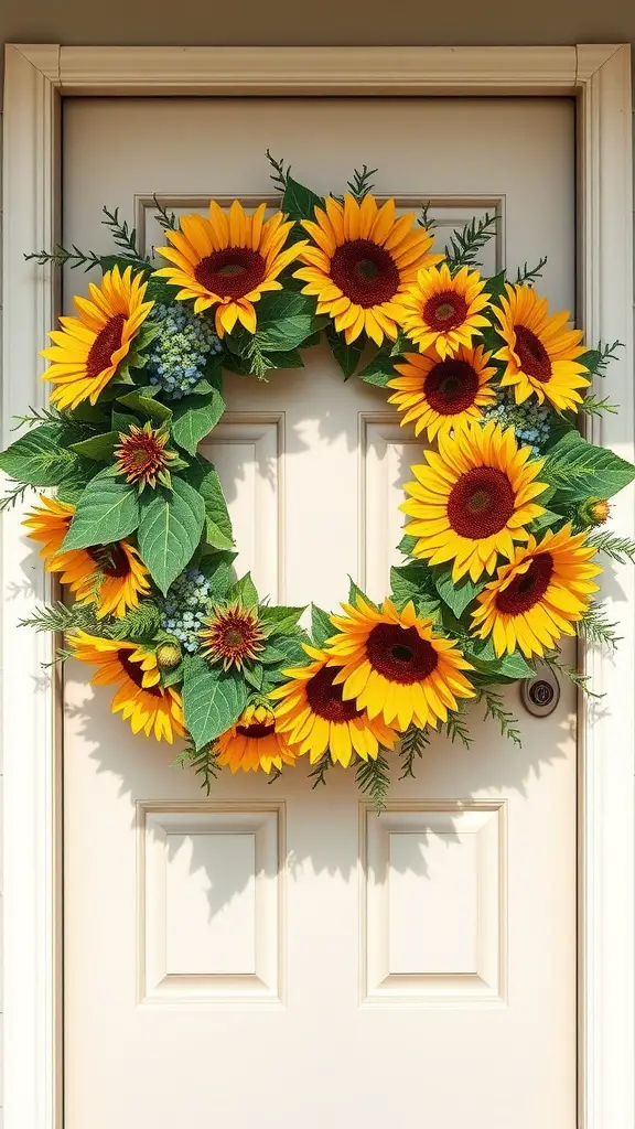 A bright sunflower wreath on a light door, featuring vibrant yellow flowers and green leaves.