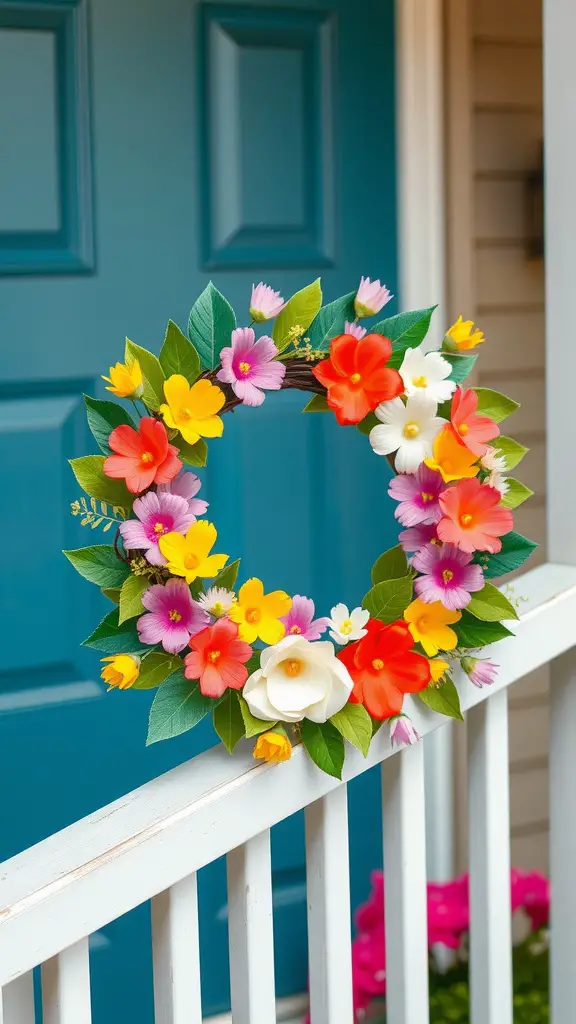 A colorful felt flower wreath displaying a variety of flowers and leaves against a blue door.