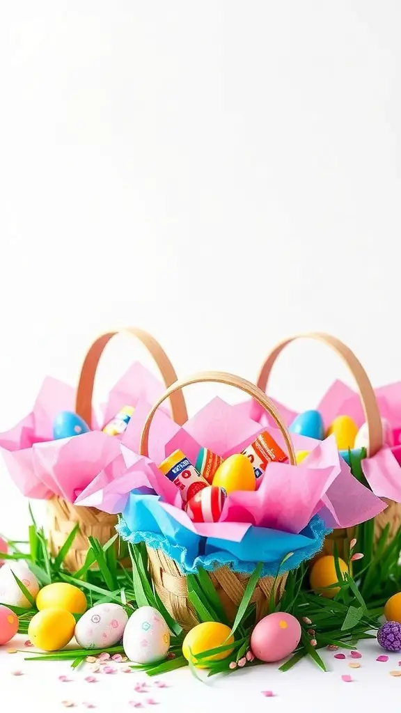 Easter baskets filled with colorful tissue paper and decorated eggs