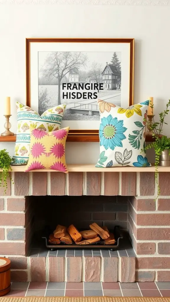 Brightly patterned throw pillows on a mantel