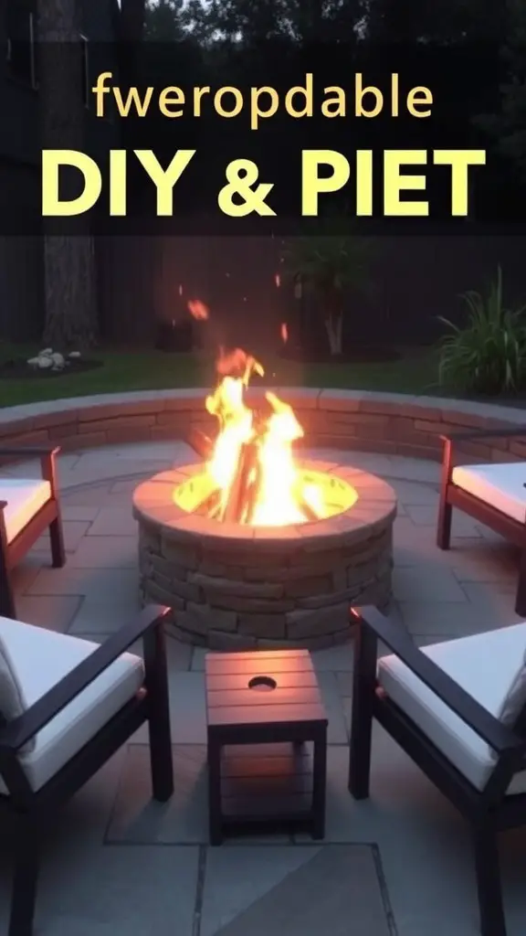 A cozy budget-friendly fire pit with stone walls, surrounded by chairs and a side table.