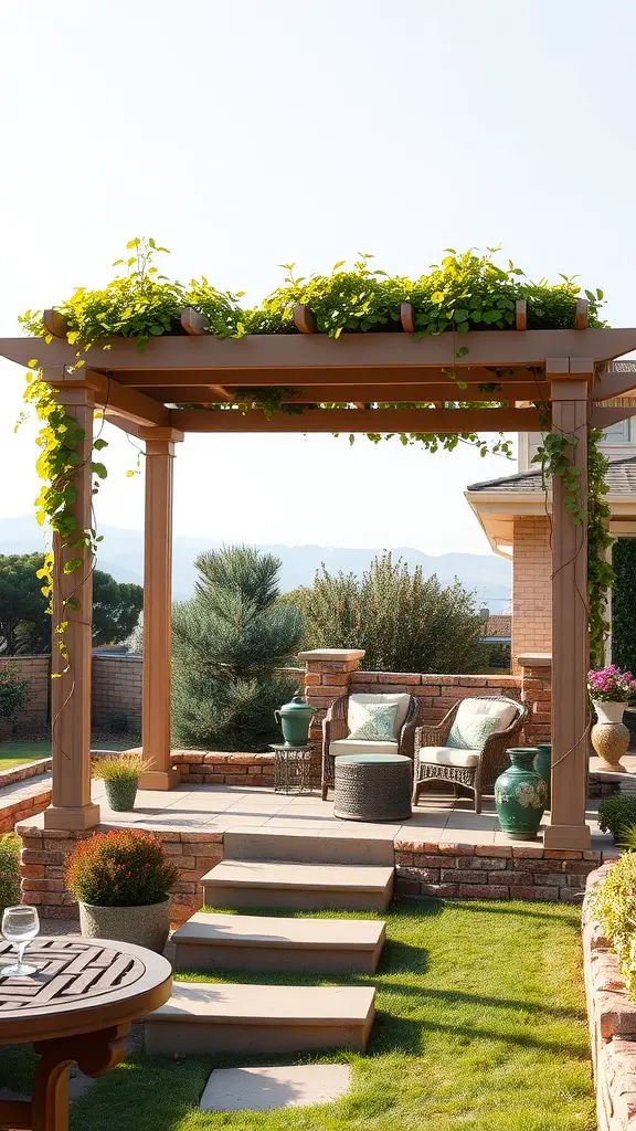 A beautiful pergola with greenery in a sloped backyard, featuring steps leading up to it.