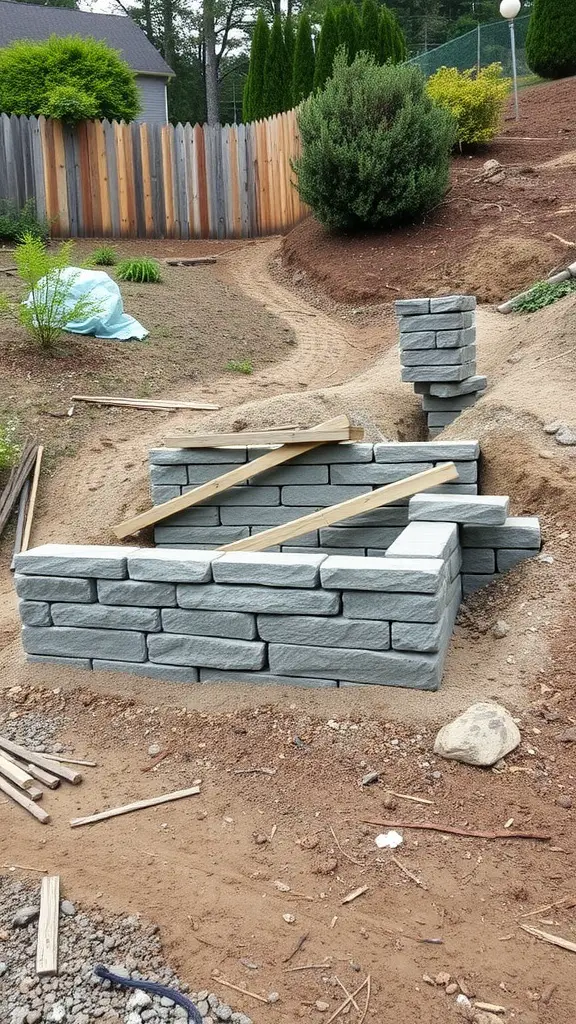 Construction of a retaining wall in a sloped backyard