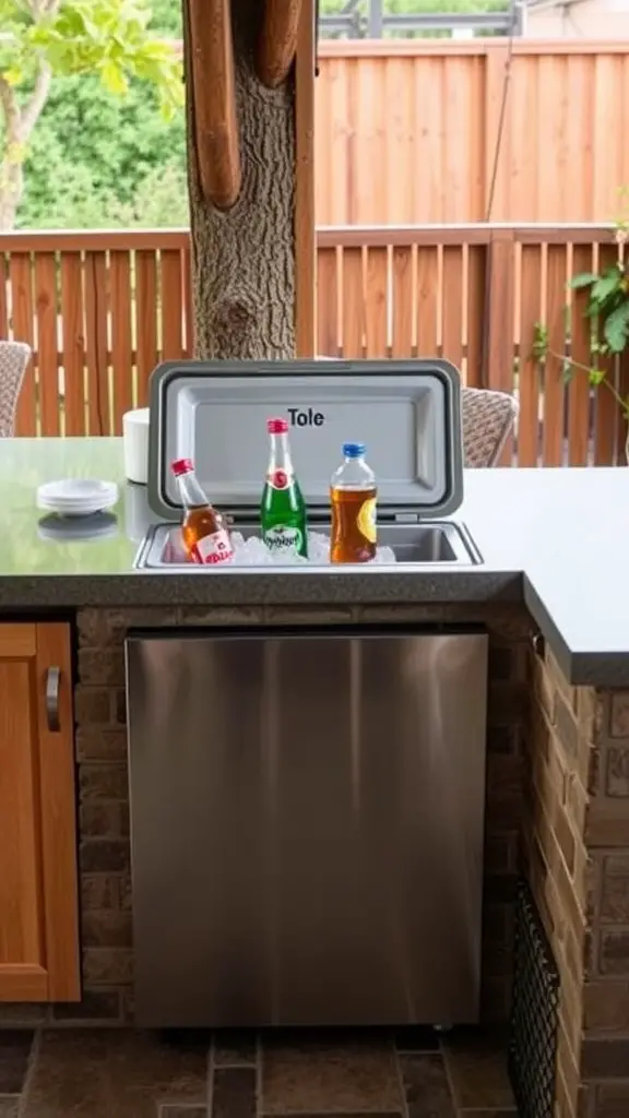 35 Creative Backyard Kitchen Ideas for Outdoor Cooking Enthusiasts 24 A built-in cooler with drinks on ice in a backyard kitchen.