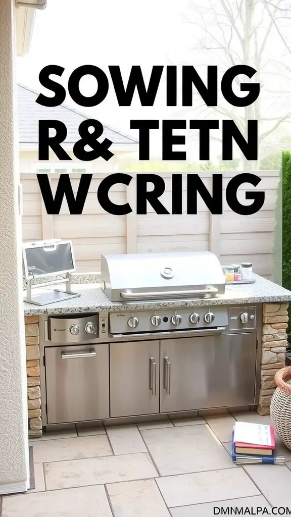 35 Creative Backyard Kitchen Ideas for Outdoor Cooking Enthusiasts 5 A stylish built-in grilling station with a stainless steel grill and stone cabinetry, surrounded by greenery.