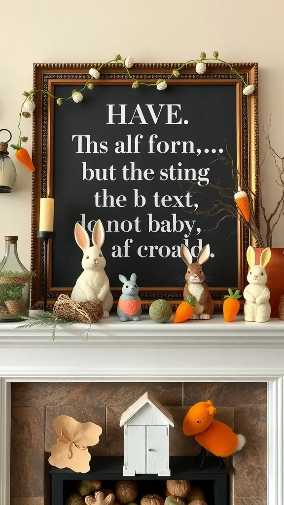 A bunny-themed Easter mantel featuring bunny figurines and carrots