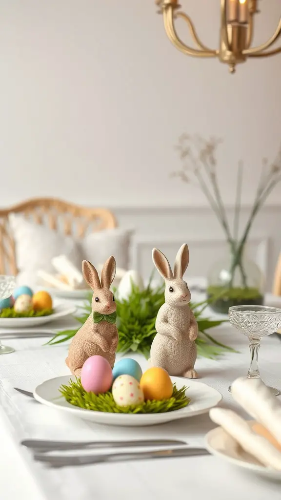 A beautifully arranged Easter table with bunny decorations and colorful eggs.