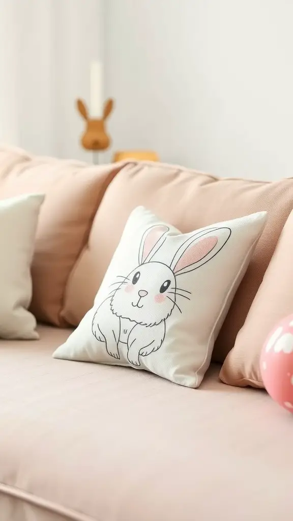 Bunny-themed throw pillow on a couch with pastel colors