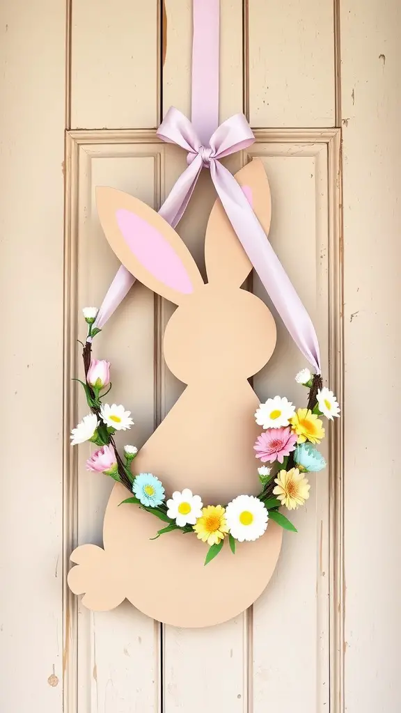 A bunny silhouette wreath decorated with flowers and a pink ribbon