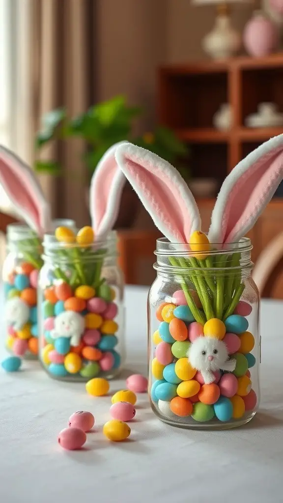 Colorful Bunny Tail Mason Jars filled with candy eggs, decorated with bunny ears and tails.