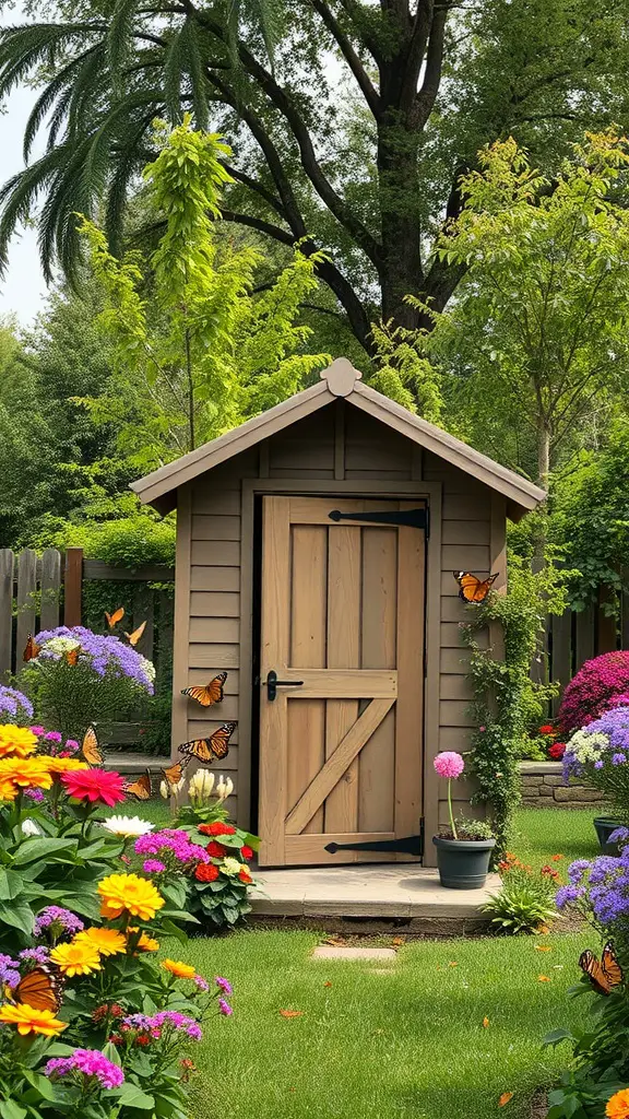 29 Creative Garden Shed Ideas for Every Backyard 28 A charming garden shed surrounded by colorful flowers and butterflies