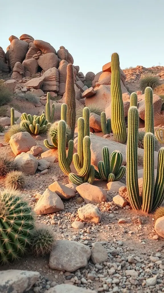 A vibrant cacti landscape featuring various cacti and rock formations.