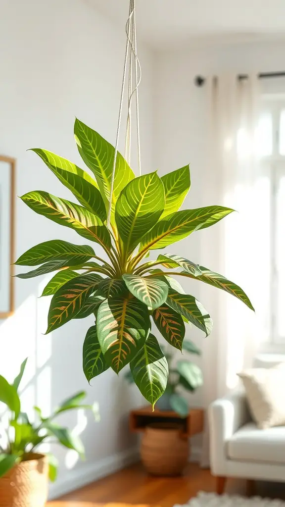 15 Stunning Hanging Plants to Beautify Your Living Room Windows 14 A vibrant Calathea plant hanging in front of a bright window