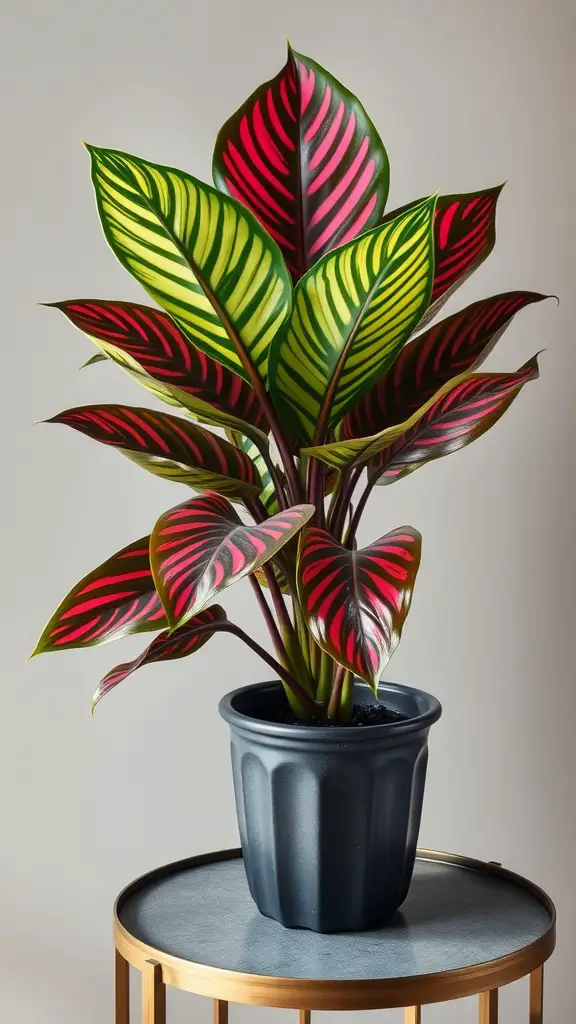 15 Indoor Corner Plants That Make Any Room Look Stylish! 15 A beautiful Calathea plant with striking red and green leaf patterns, sitting in a dark pot on a gold side table.