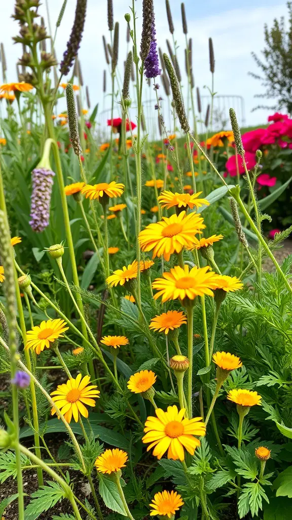 29 Perfect Herb Combinations for Your Garden 19 A vibrant garden featuring blooming calendula flowers alongside various herbs.