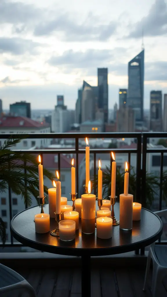 A beautiful arrangement of candles on a balcony table with a city skyline in the background.