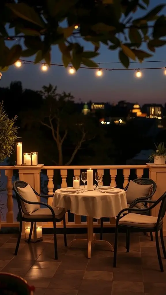 25 Stunning Outdoor Terrace Ideas to Transform Your Space 26 A romantic terrace setup with a candlelit table, string lights, and a scenic view at night.