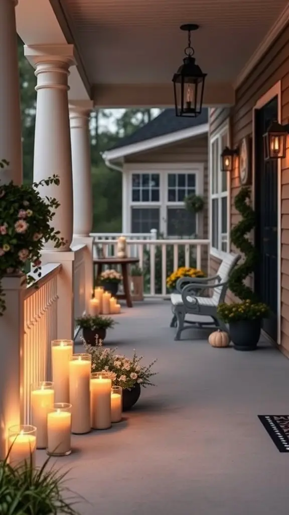 27 Cozy Front Porch Ideas for a Welcoming Home 25 A cozy front porch decorated with tall candles and potted plants, creating a warm evening ambiance.