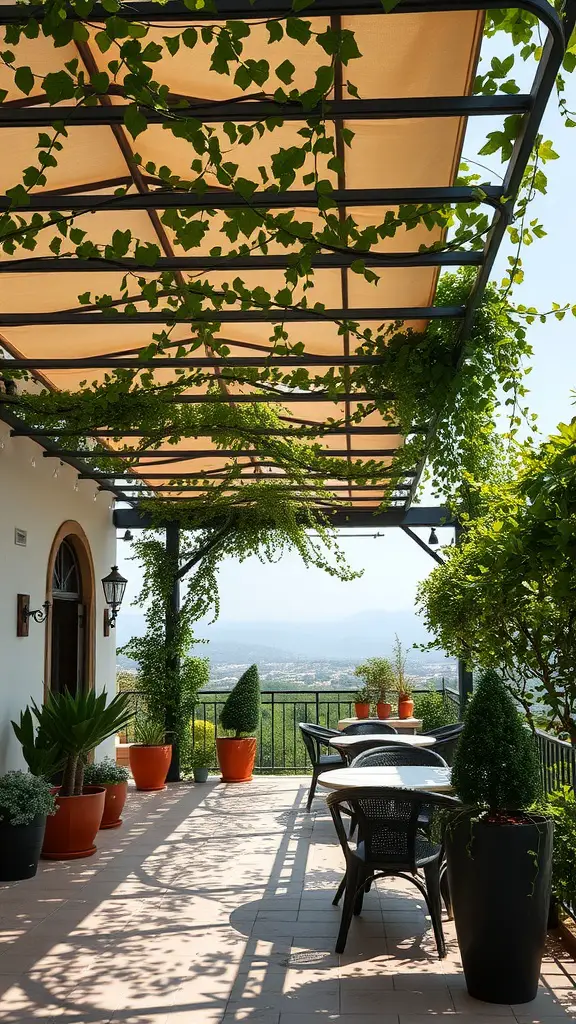 25 Stunning Outdoor Terrace Ideas to Transform Your Space 23 A lovely terrace with a canopy, adorned with climbing plants, providing shade and inviting seating areas.