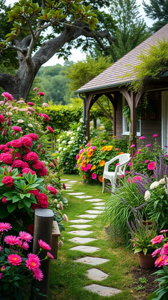 23 Stunning Cottage Garden Design Ideas for a Charming Outdoor Space 25 A cozy cottage garden featuring a stone path, vibrant flowers, and a white chair.