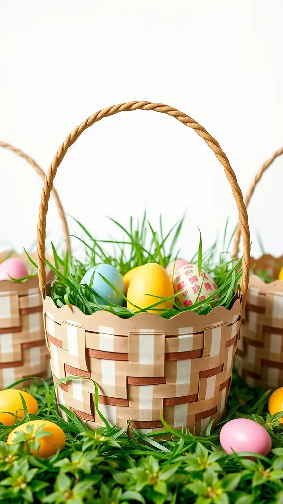 Colorful cardboard box Easter baskets filled with eggs and grass.