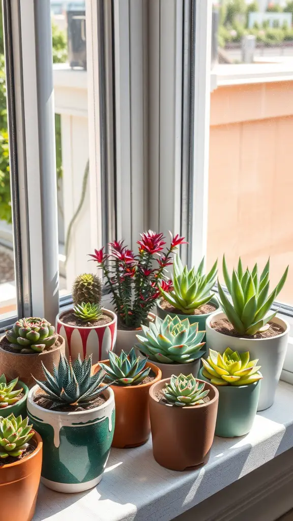 27 Stunning Indoor Plants to Brighten Your Space 19 A bright windowsill filled with various potted succulents in different colors and sizes.