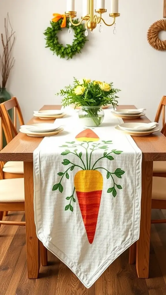 A table set with a carrot-themed runner, yellow flowers in a vase, and white plates