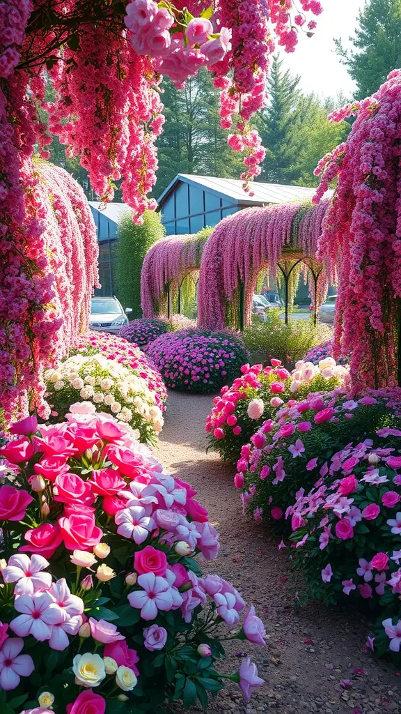 27 Absolutely Stunning Secret Garden Ideas to Inspire Your Space 23 A serene garden with cascading pink flowers and vibrant flower beds along a path.