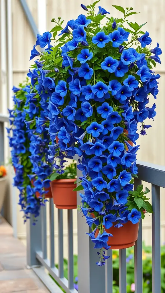 27 Stunning Potted Flowers Perfect for Your Patio 12 Cascading lobelia in hanging planters with vibrant blue flowers