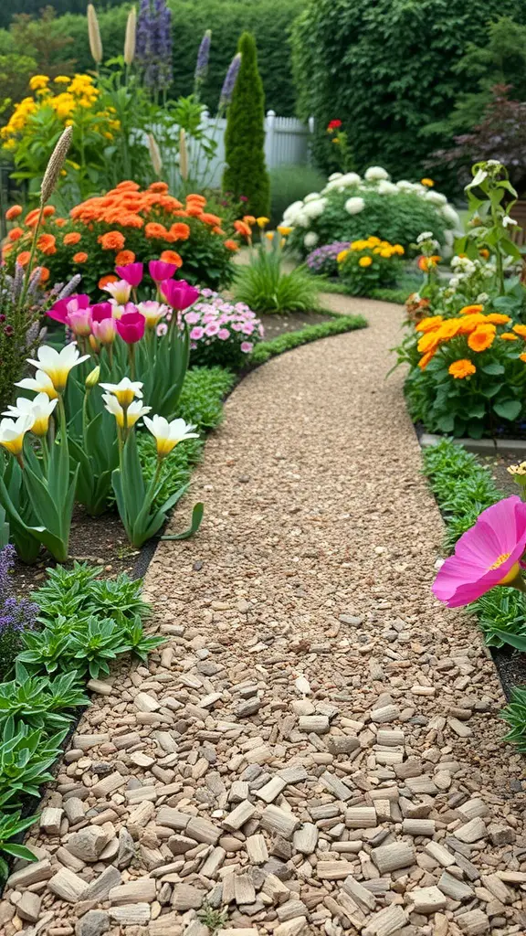 31 Creative Garden Walkway Ideas for Your Outdoor Space 25 A cozy cedar chip walkway surrounded by vibrant flowers.