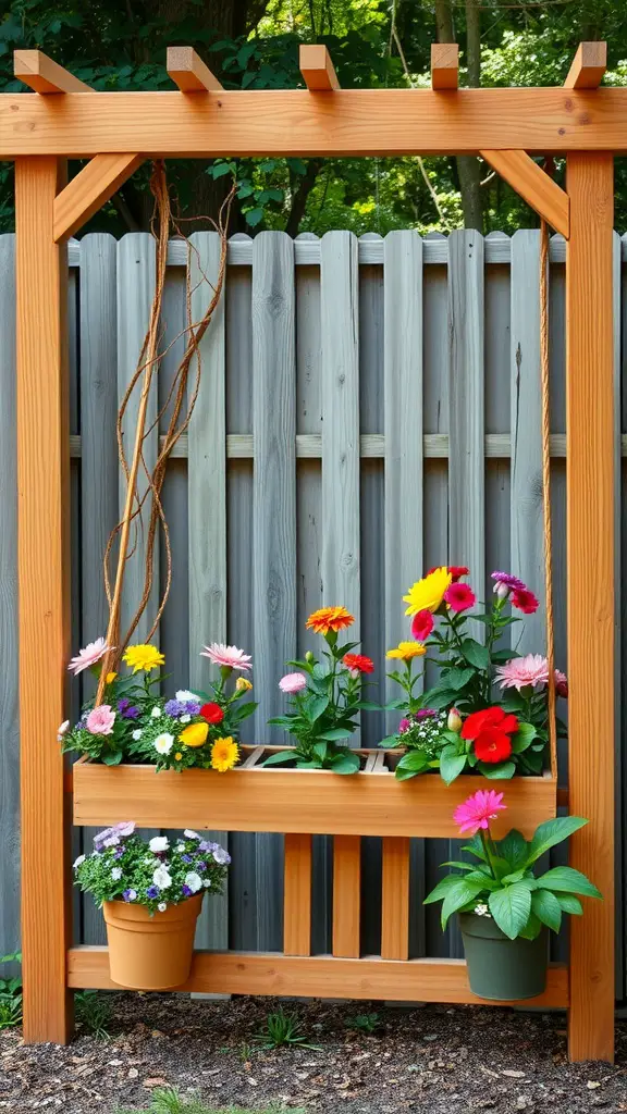 27 Creative DIY Garden Trellis Ideas for Your Outdoor Space 9 A cedar frame trellis with colorful flowers in planters, set against a wooden fence.