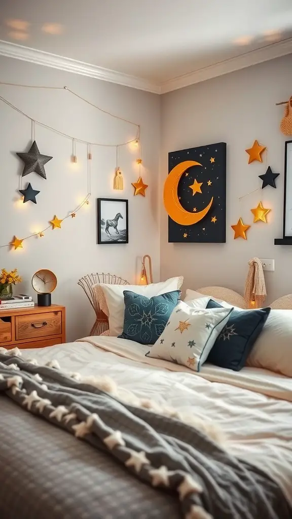 A cozy bedroom featuring celestial themed accessories like star and moon lights, decorative pillows, and wall art.