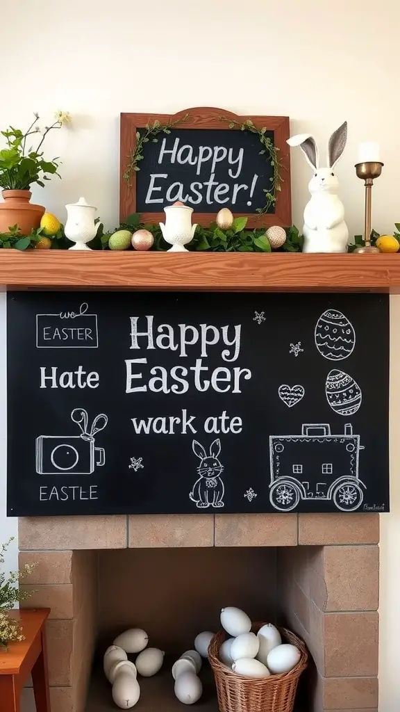 Easter-themed chalkboard decor with messages and drawings