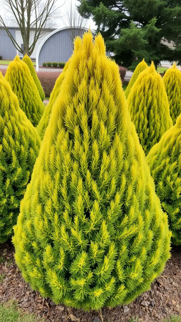 41 Fast Growing Privacy Shrubs for a Lush Backyard Retreat 26 Chamaecyparis shrubs in a conical shape with vibrant yellow-green foliage.