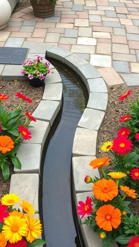 A channel drain running through a flower bed on a patio, surrounded by colorful flowers.